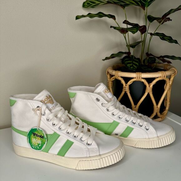 NWT Gola® Tennis Mark Cox High-Top Vegan Sneakers White Green Canvas Shoes Sz 7 - Picture 2 of 12